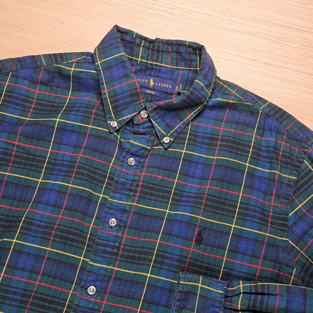 Polo Ralph Lauren Button Down Shirt Men XL Green Blue Plaid Slim Fit Long Sleeve